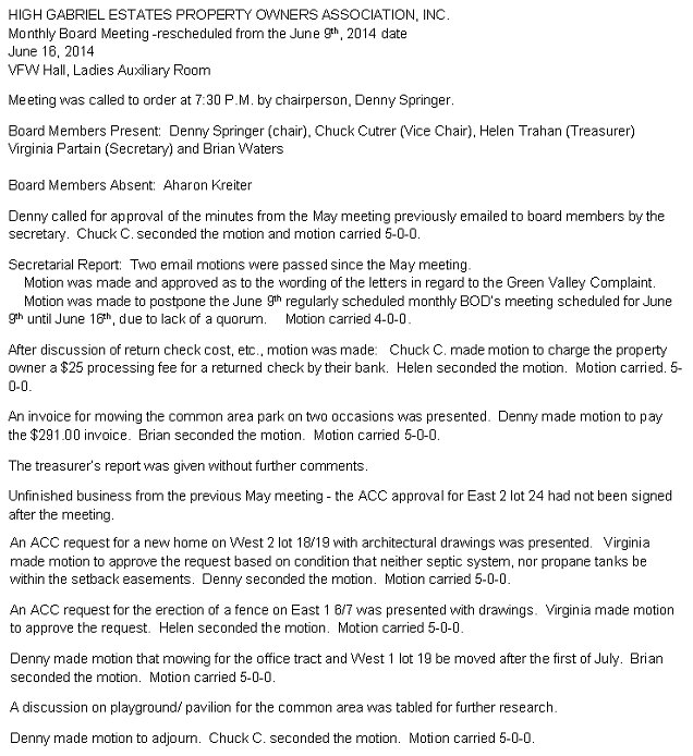 HGEPOA Regular Meeting - June 16, 2014 - Meeting Minutes