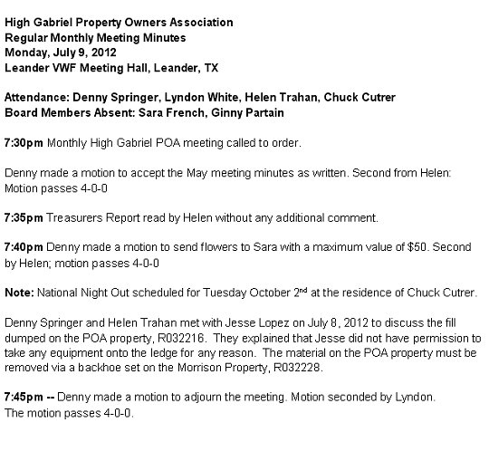 HGEPOA July 9, 2012 - Meeting Minutes