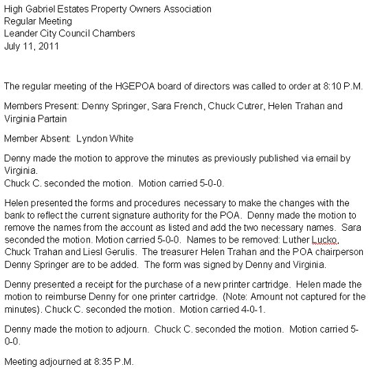 HGEPOA July 11, 2011 - Meeting Minutes