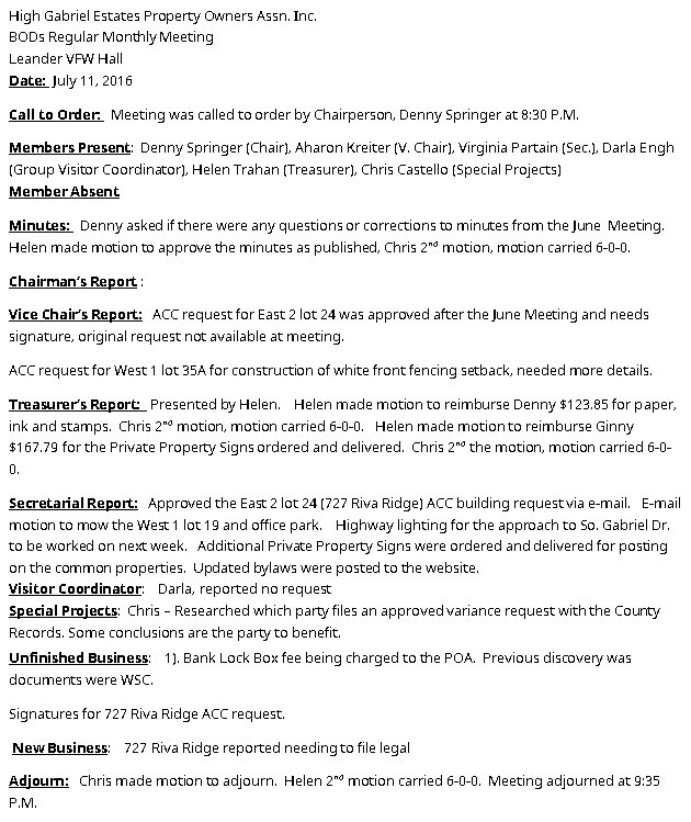 HGEPOA Regular Meeting - July 11, 2016 - Meeting Minutes