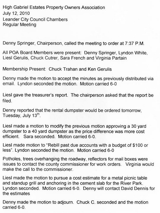 HGEPOA July 12, 2010 - Meeting Minutes