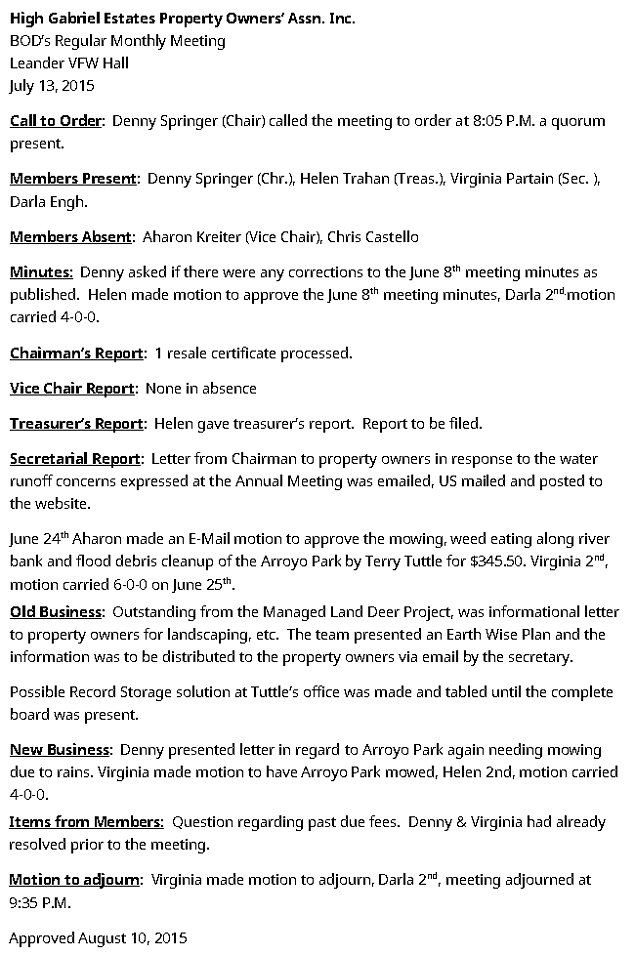 HGEPOA Regular Meeting - July 13, 2015 - Meeting Minutes