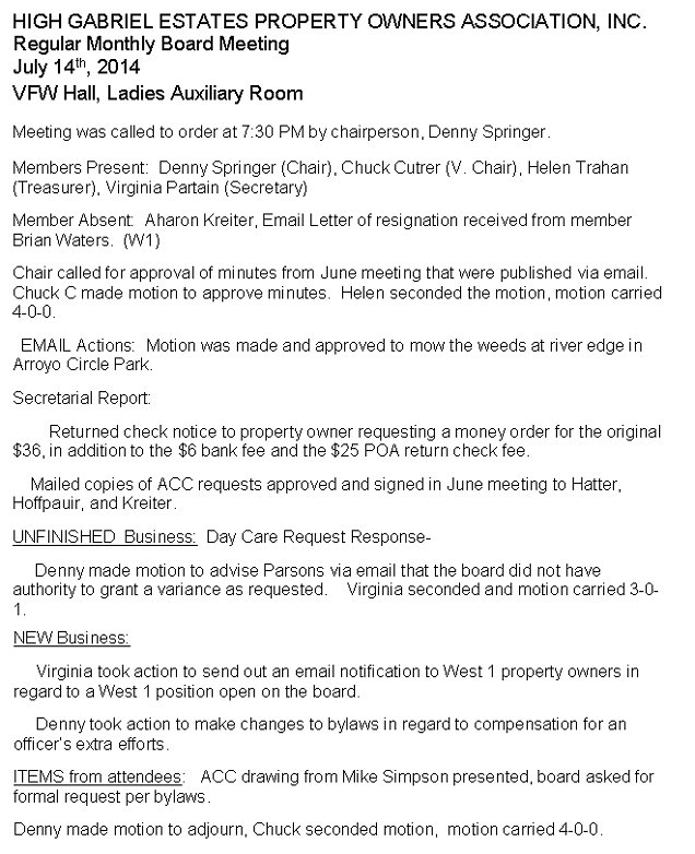 HGEPOA Regular Meeting - July 14, 2014 - Meeting Minutes