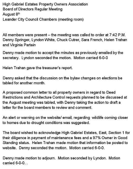 HGEPOA August 8, 2011 - Meeting Minutes
