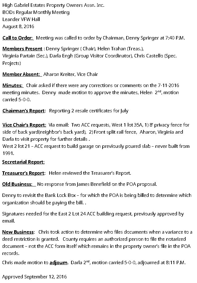 HGEPOA Regular Meeting - August 8, 2016 - Meeting Minutes