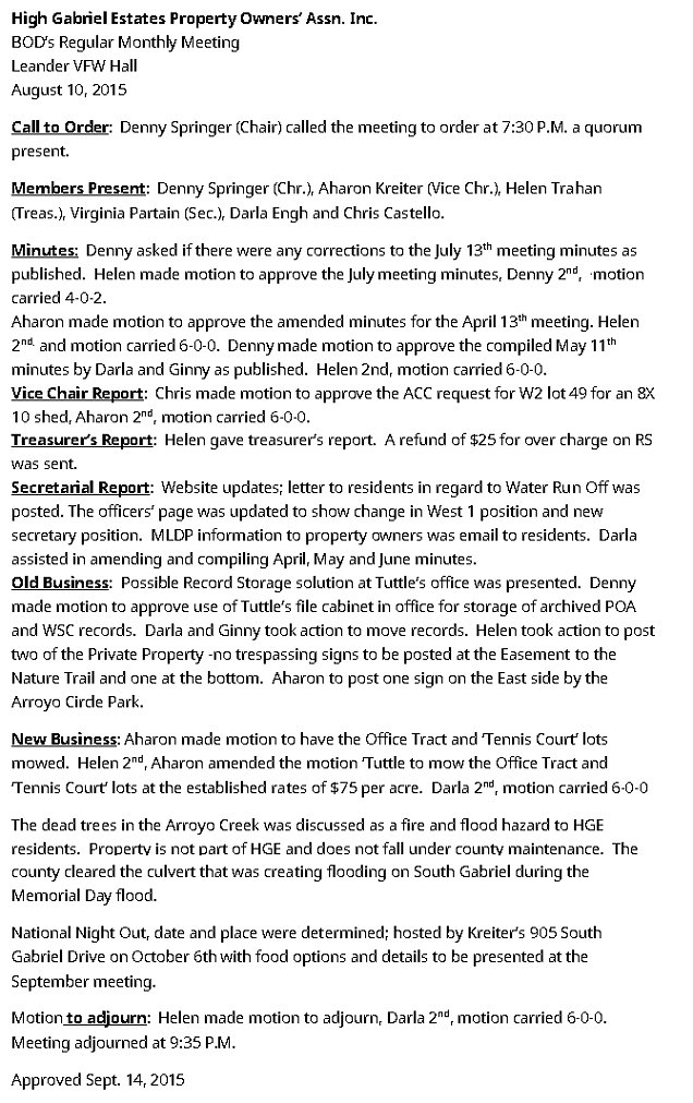 HGEPOA Regular Meeting - August 10, 2015 - Meeting Minutes