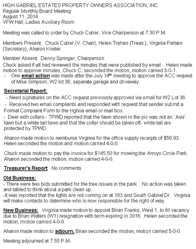 HGEPOA Regular Meeting - August 11, 2014 - Meeting Minutes