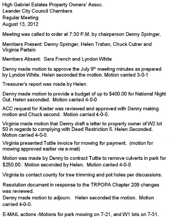 HGEPOA August 13, 2012 - Meeting Minutes