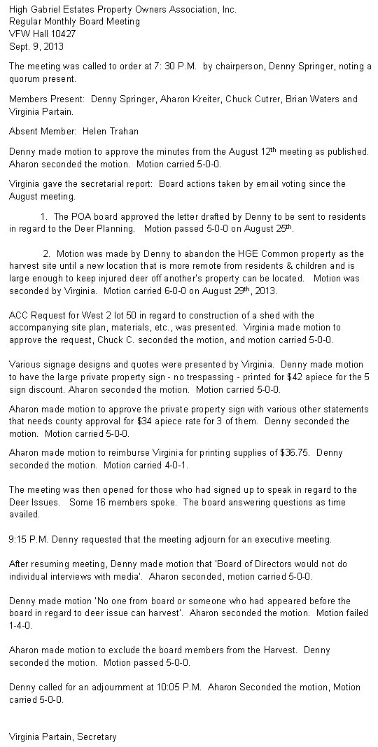 HGEPOA September 9, 2013 - Meeting Minutes