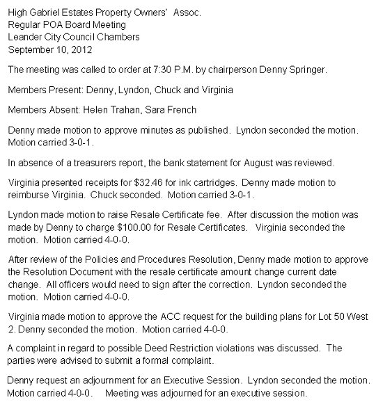 HGEPOA September 10, 2012 - Meeting Minutes