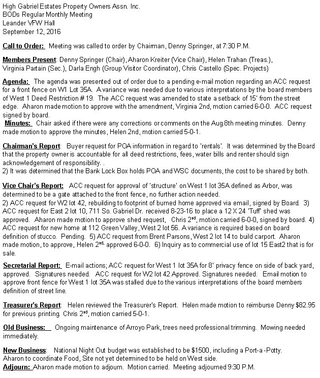 HGEPOA Regular Meeting - September 12, 2016 - Meeting Minutes