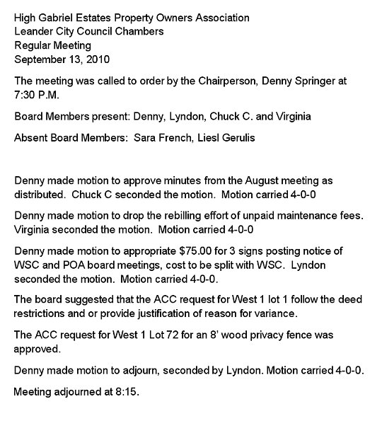 HGEPOA September 13, 2010 - Meeting Minutes
