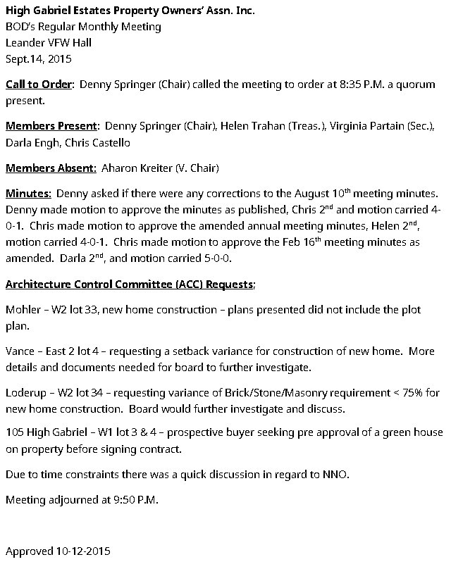 HGEPOA Regular Meeting - September 14, 2015 - Meeting Minutes