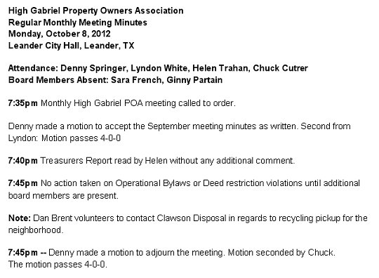 HGEPOA October 8, 2012 - Meeting Minutes