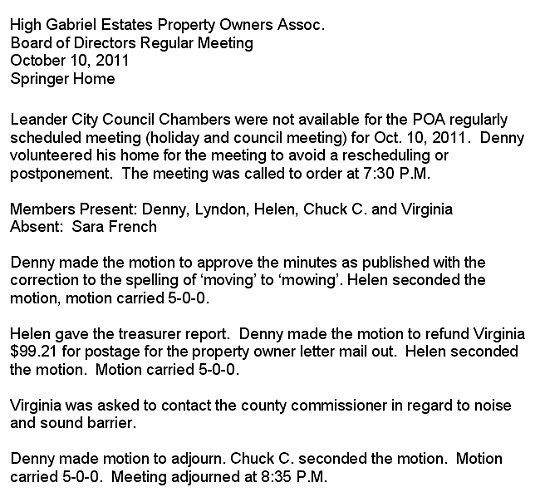 HGEPOA October 10, 2011 - Meeting Minutes