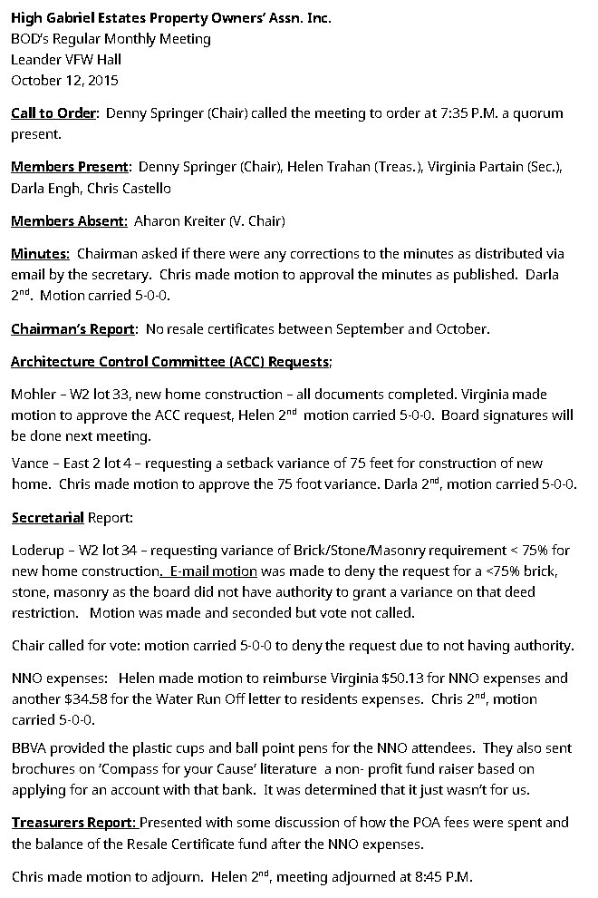 HGEPOA Regular Meeting - October 12, 2015 - Meeting Minutes
