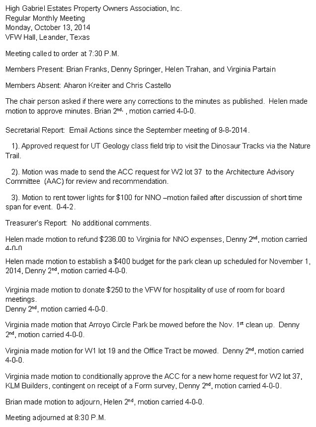 HGEPOA Regular Meeting - October 13, 2014 - Meeting Minutes