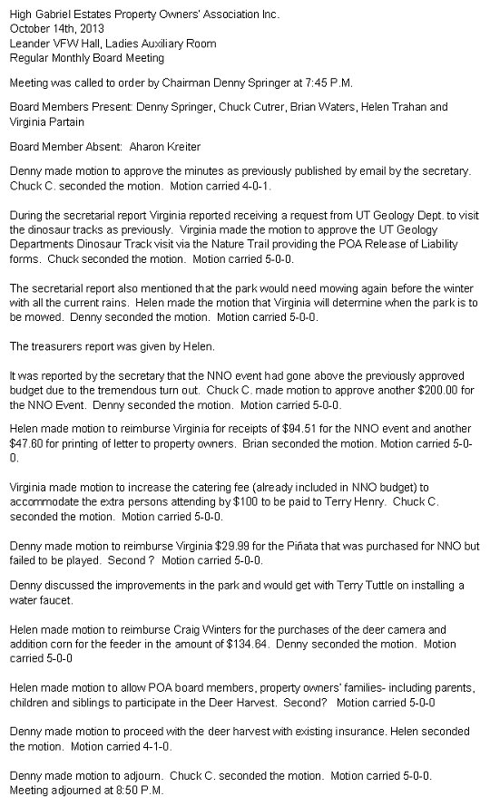HGEPOA October 14, 2013 - Meeting Minutes