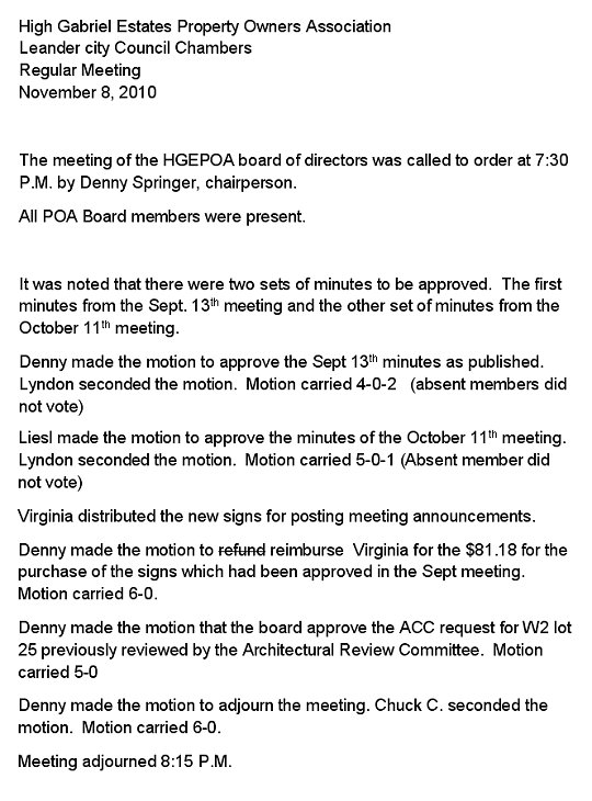 HGEPOA November 8, 2010 - Meeting Minutes