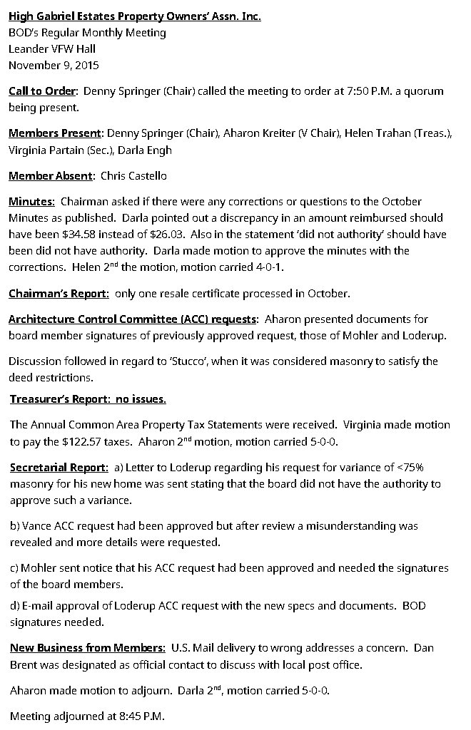 HGEPOA Regular Meeting - November 9, 2015 - Meeting Minutes
