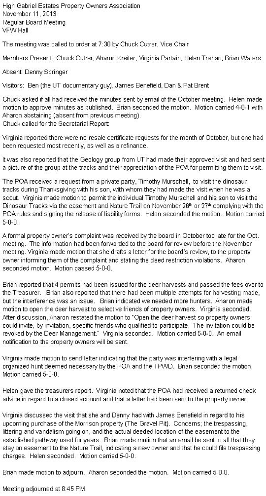 HGEPOA November 11, 2013 - Meeting Minutes