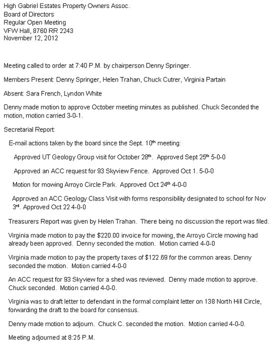 HGEPOA November 12, 2012 - Meeting Minutes