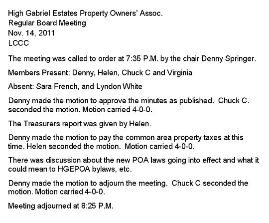 HGEPOA November 14, 2011 - Meeting Minutes