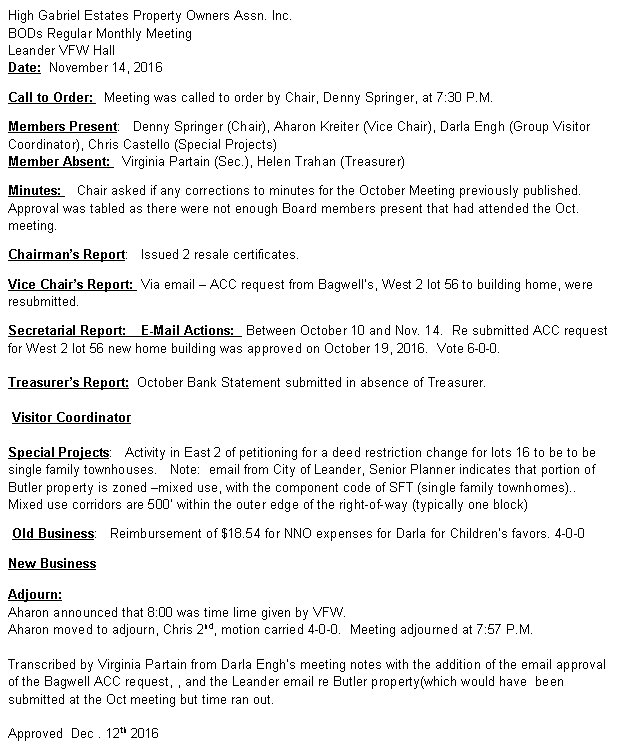 HGEPOA Regular Meeting - November 14, 2016 - Meeting Minutes