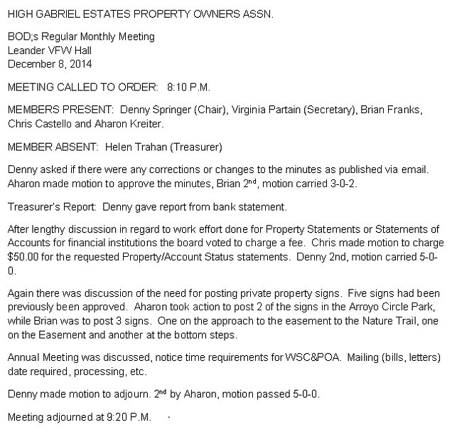 HGEPOA Regular Meeting - December 8, 2014 - Meeting Minutes