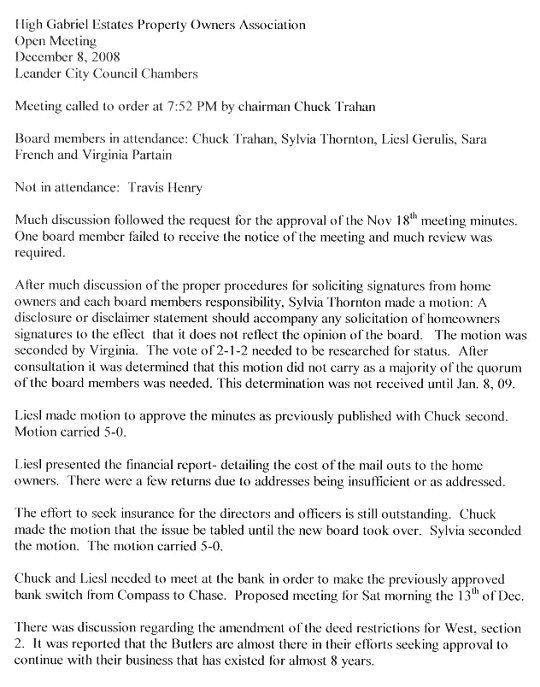 HGEPOA December 8, 2008 - Meeting Minutes