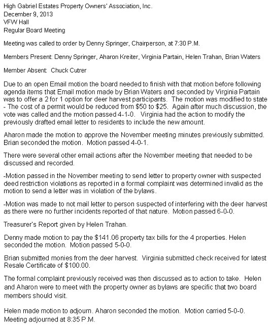 HGEPOA December 9, 2013 - Meeting Minutes