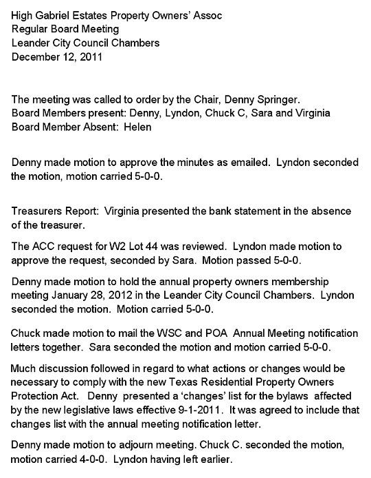 HGEPOA December 12, 2011 - Meeting Minutes