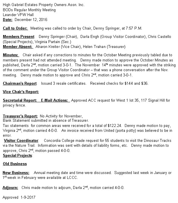 HGEPOA Regular Meeting - December 12, 2016 - Meeting Minutes