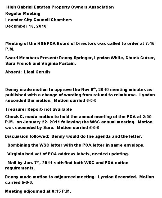 HGEPOA December 13, 2010 - Meeting Minutes