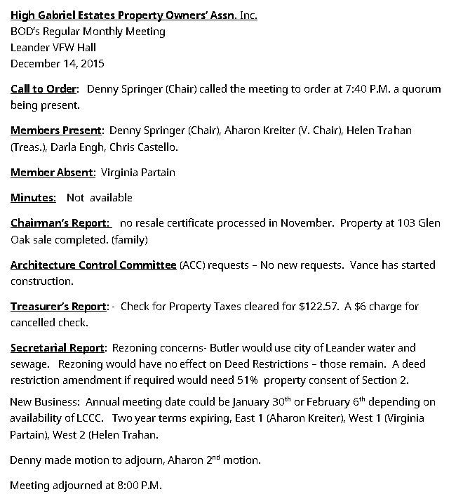 HGEPOA Regular Meeting - December 14, 2015 - Meeting Minutes