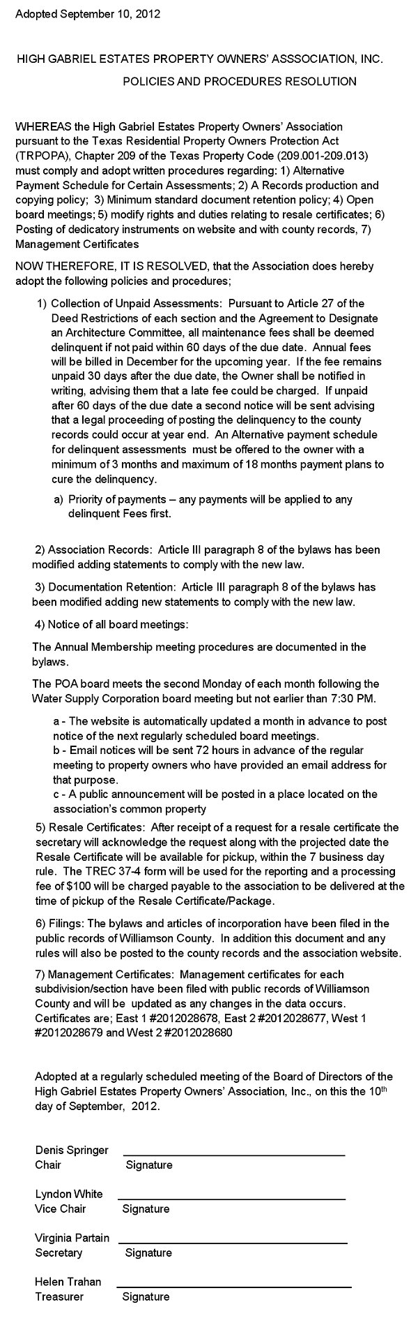 High Gabriel Estates Property Owners Association - 2012 Resolutions